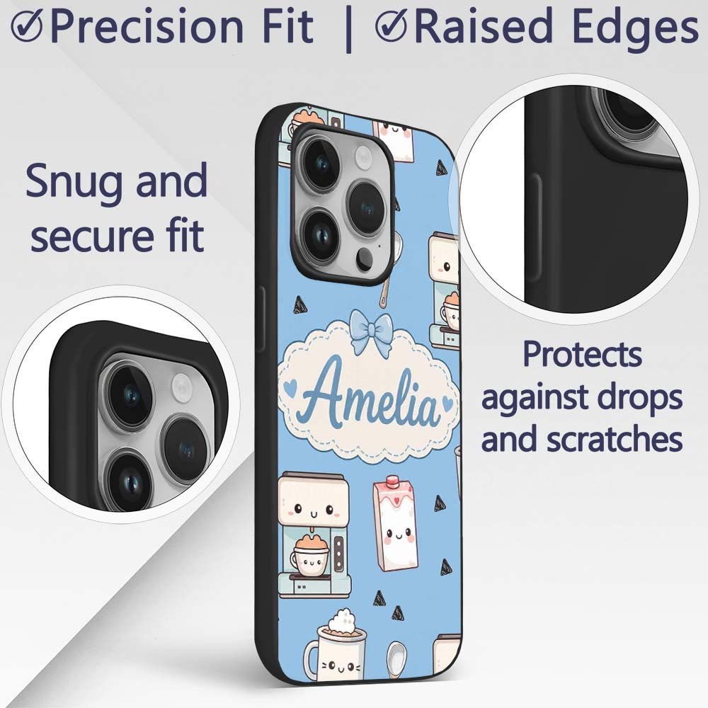 Cute Kawaii Coffee Maker Cups Milk Printed Design Custom Name Protective Phone Case Mobile Cover Durable Everyday Smartphone Shock Resistant