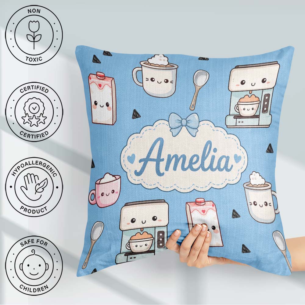 Custom Name Cute Kawaii Maker Cups Milk Blue Background Seamless Square Filled Cushion Throw Pillow Sofa Bed Home Decor Zip Washable UK Made
