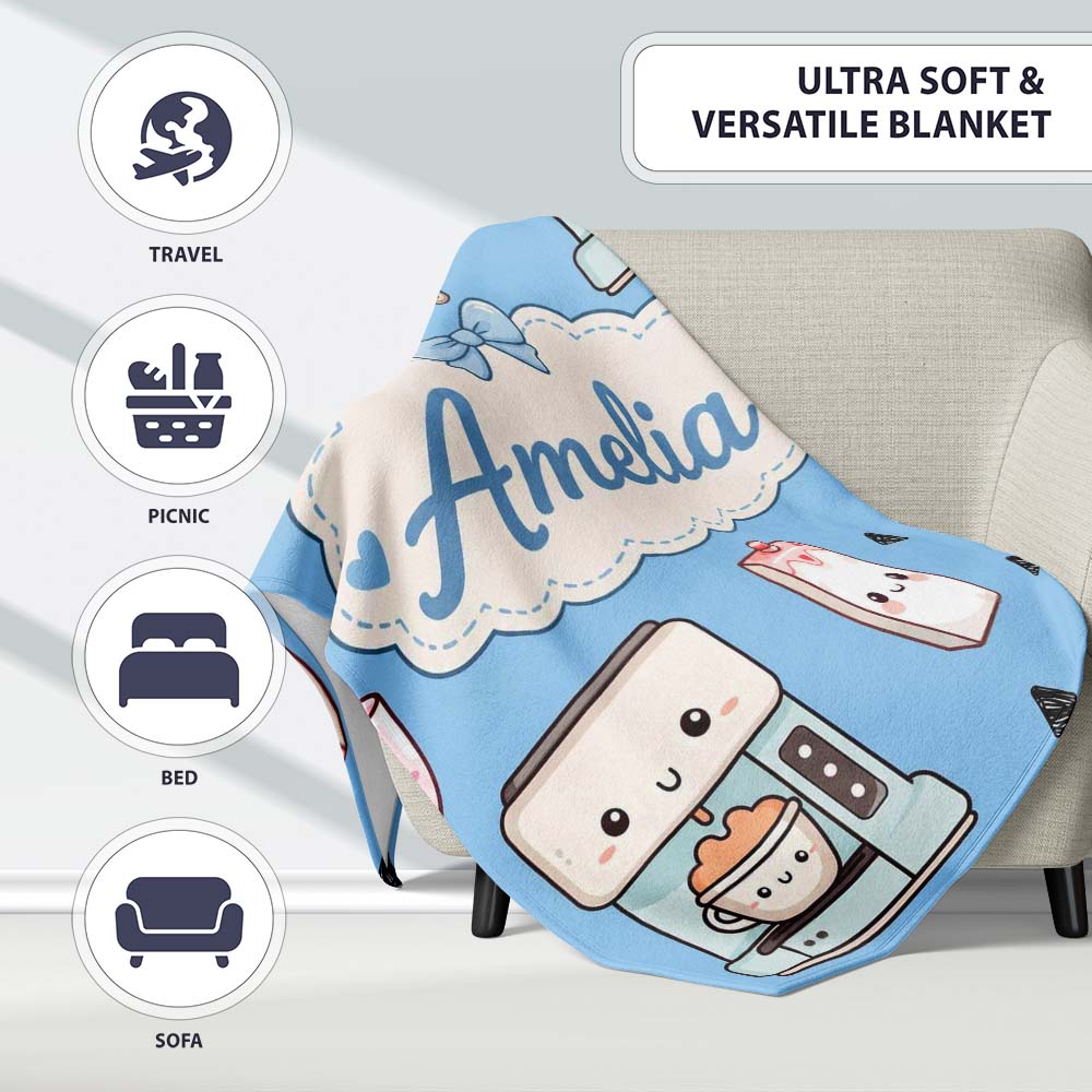 Cute Kawaii Coffee Maker Cups Milk Blue Background Seamless Pattern Personalised Custom Name Super Soft Fleece Blanket Bed Sofa Throw