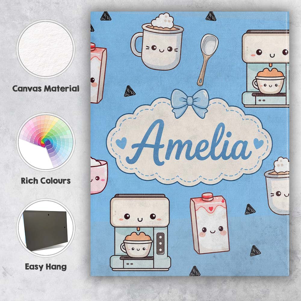 Personalised Name Cute Kawaii Coffee Maker Custom Unique Gift Idea Elegant Feature Canvas Wall Art Print Decor Picture Ready to Hang