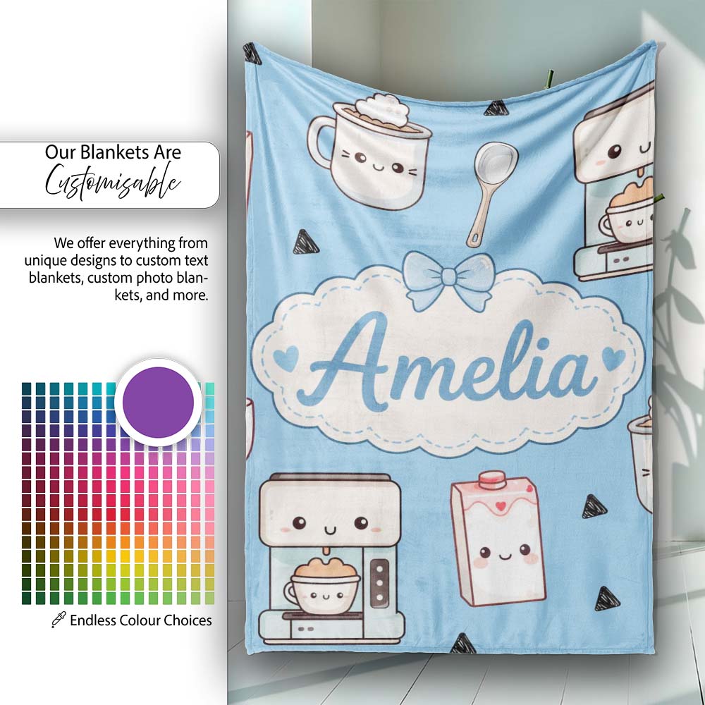 Cute Kawaii Coffee Maker Cups Milk Blue Background Seamless Pattern Personalised Custom Name Super Soft Fleece Blanket Bed Sofa Throw