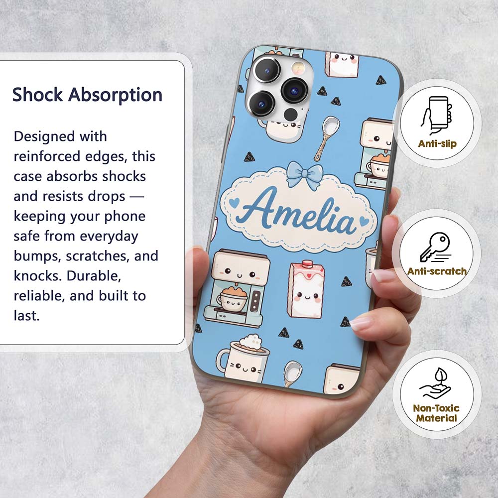 Cute Kawaii Coffee Maker Cups Milk Printed Design Custom Name Protective Phone Case Mobile Cover Durable Everyday Smartphone Shock Resistant