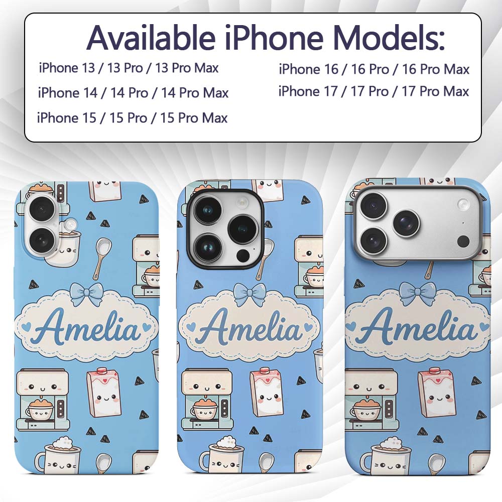Cute Kawaii Coffee Maker Cups Milk Printed Design Custom Name Protective Phone Case Mobile Cover Durable Everyday Smartphone Shock Resistant
