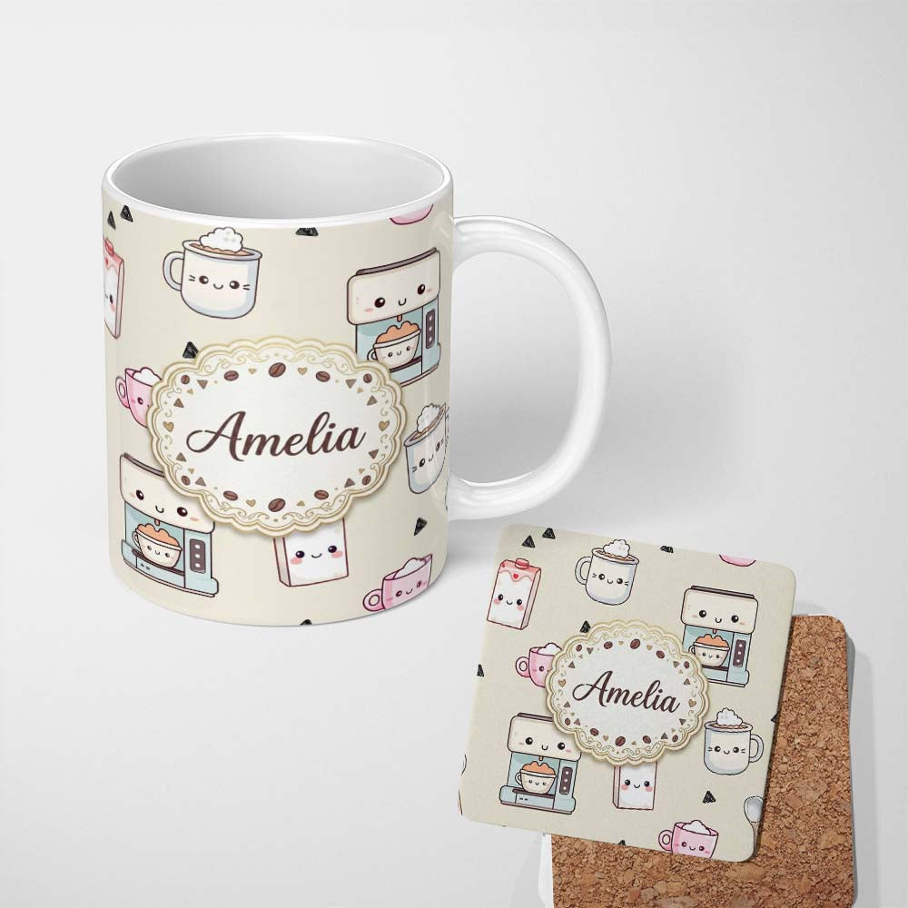 Personalized Custom Name Cute Kawaii Coffee Maker Cups Milk Beige Background Seamless 11oz Ceramic Coffee Tea Mug White Large Handle