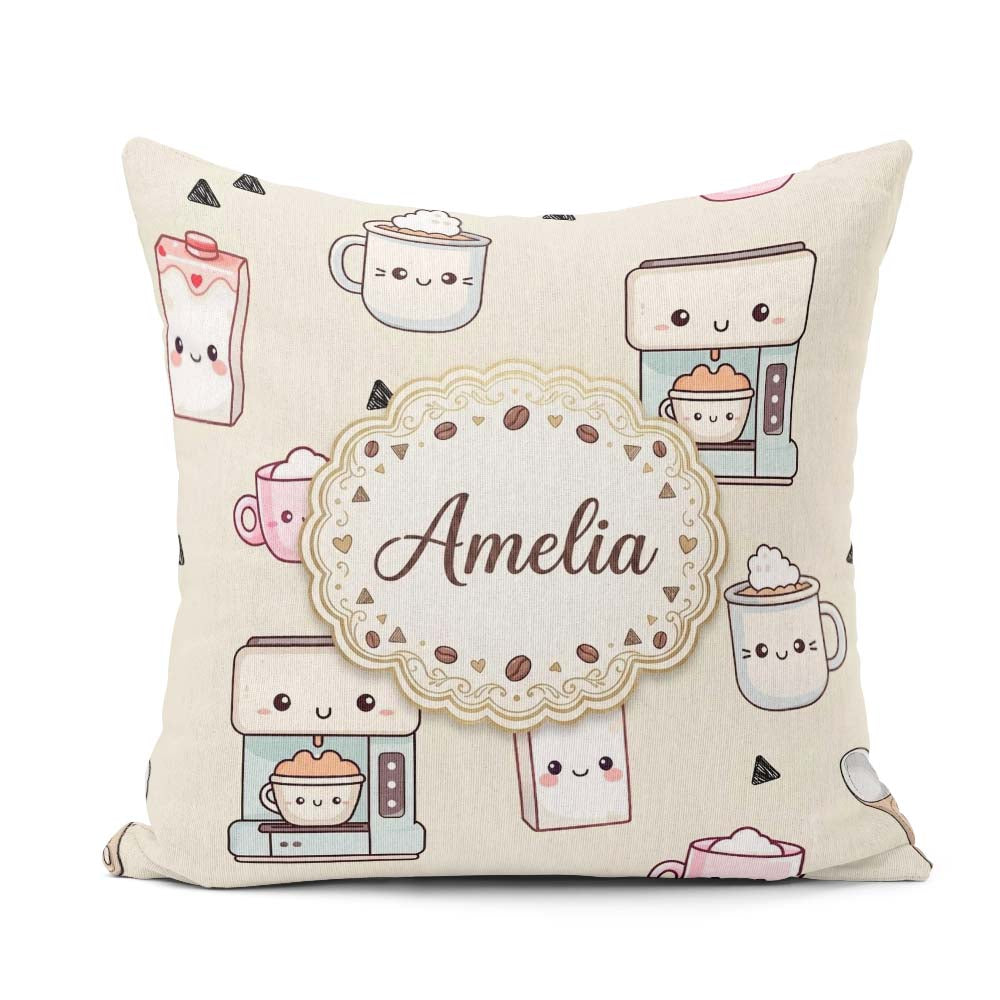 Custom Name Kawaii Maker Cups Milk Beige Background Seamless Square Filled Cushion Throw Pillow Sofa Bed Home Decor Zip Washable UK Made