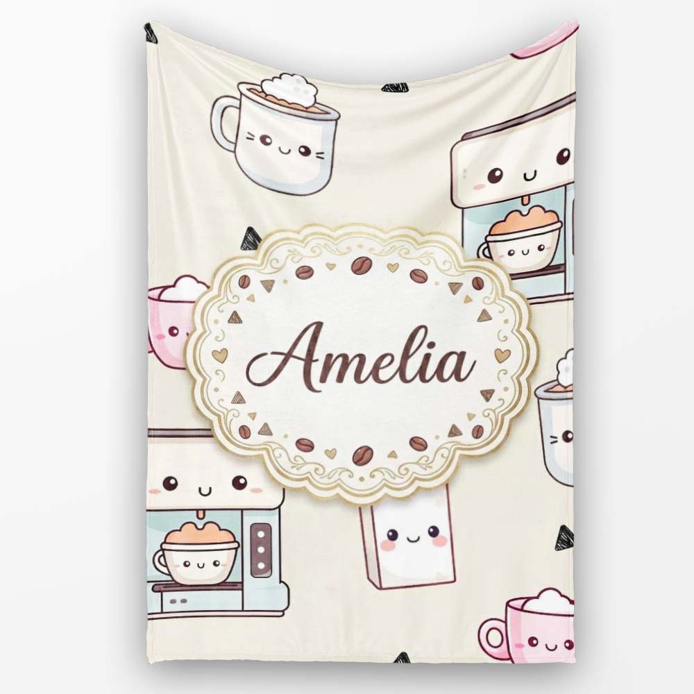 Cute Kawaii Coffee Maker Cups Milk Beige Background Seamless Personalised Custom Name Super Soft Fleece Blanket Bed Sofa Throw