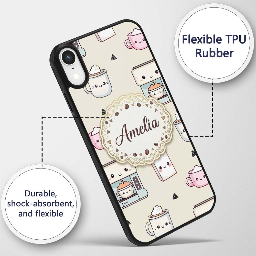 Cute Kawaii Coffee Maker Cups Milk Printed Design Custom Name Protective Phone Case Mobile Cover Durable Everyday Smartphone Shock Resistant