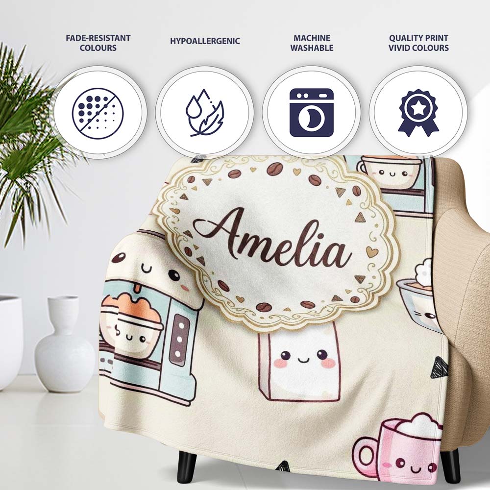 Cute Kawaii Coffee Maker Cups Milk Beige Background Seamless Personalised Custom Name Super Soft Fleece Blanket Bed Sofa Throw