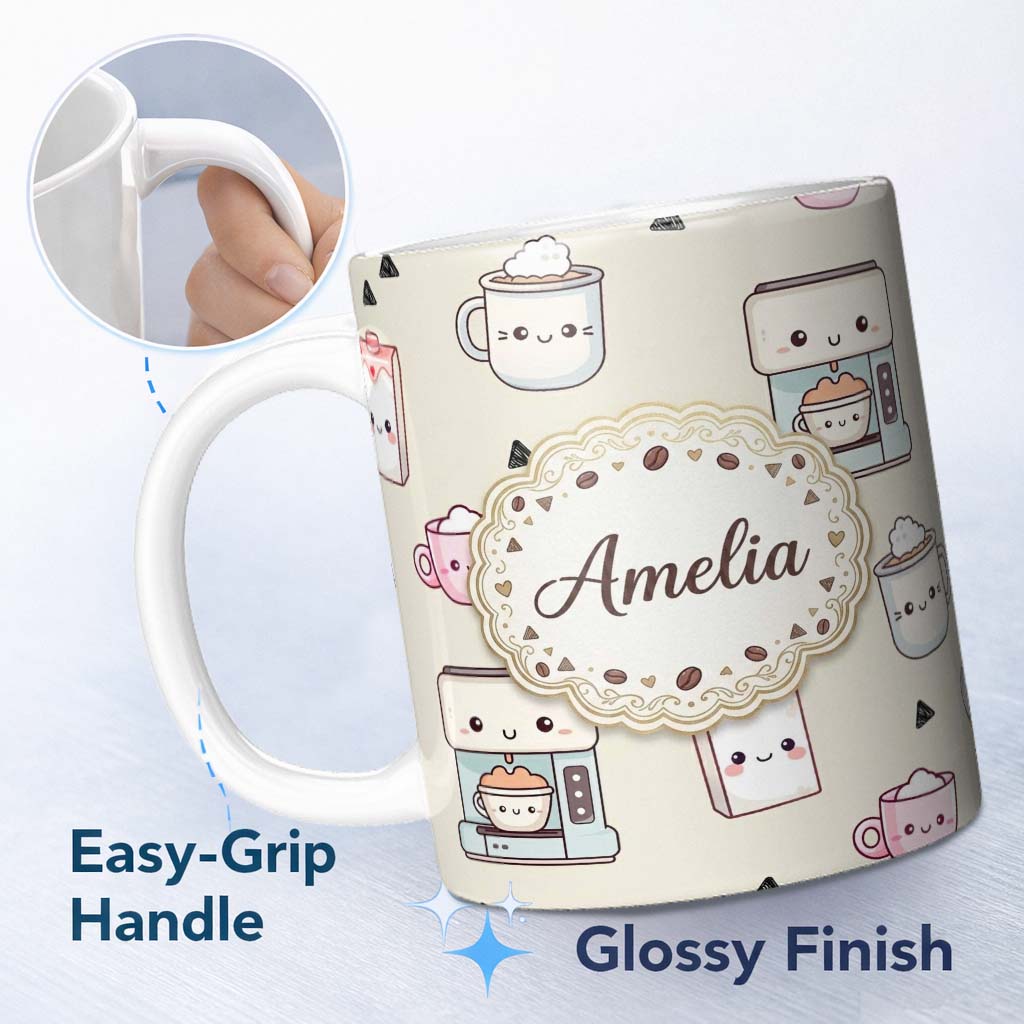 Personalized Custom Name Cute Kawaii Coffee Maker Cups Milk Beige Background Seamless 11oz Ceramic Coffee Tea Mug White Large Handle