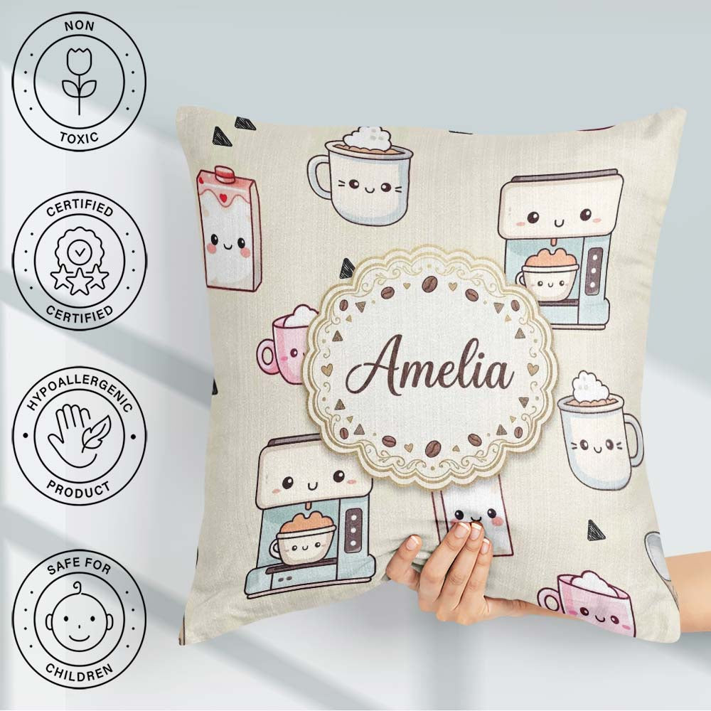 Custom Name Kawaii Maker Cups Milk Beige Background Seamless Square Filled Cushion Throw Pillow Sofa Bed Home Decor Zip Washable UK Made