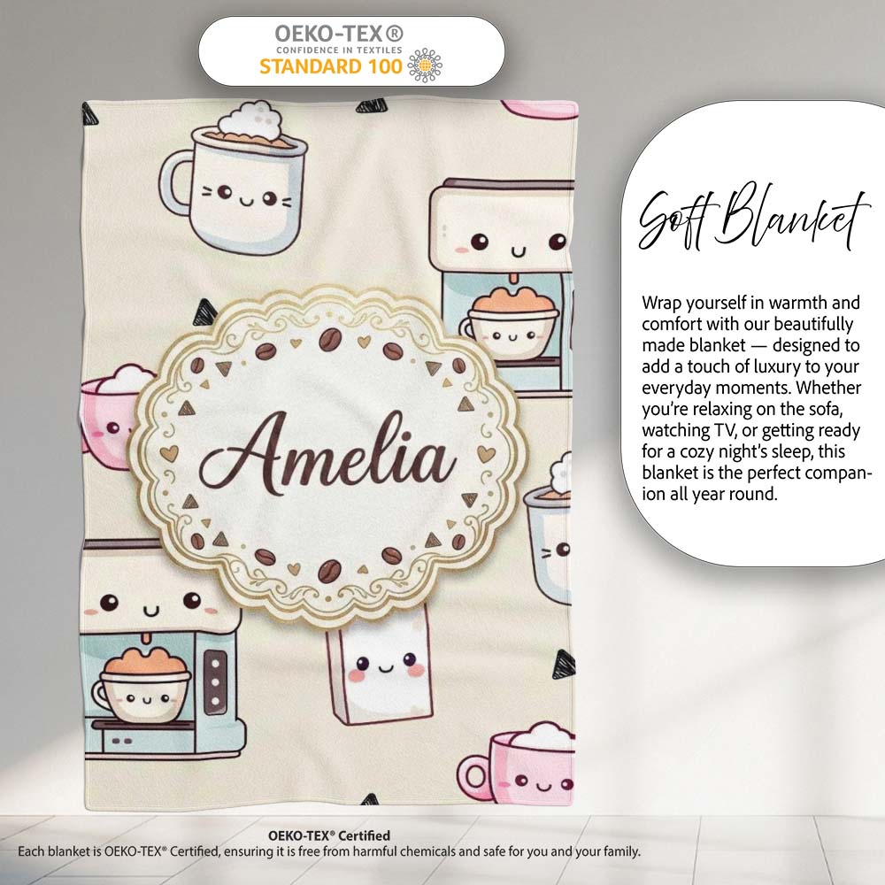 Cute Kawaii Coffee Maker Cups Milk Beige Background Seamless Personalised Custom Name Super Soft Fleece Blanket Bed Sofa Throw