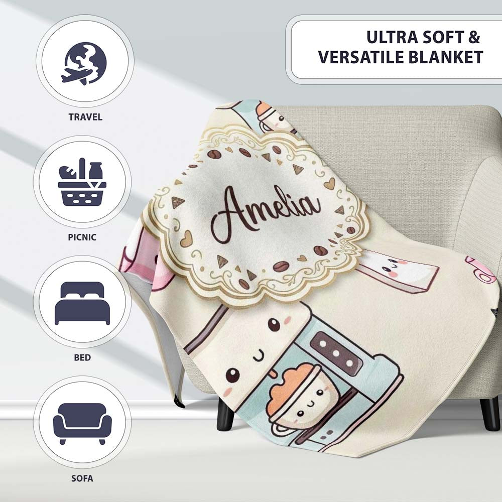 Cute Kawaii Coffee Maker Cups Milk Beige Background Seamless Personalised Custom Name Super Soft Fleece Blanket Bed Sofa Throw