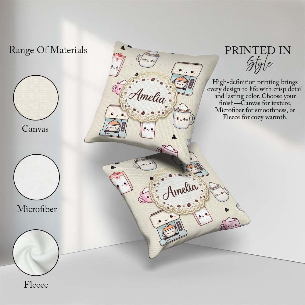 Custom Name Kawaii Maker Cups Milk Beige Background Seamless Square Filled Cushion Throw Pillow Sofa Bed Home Decor Zip Washable UK Made