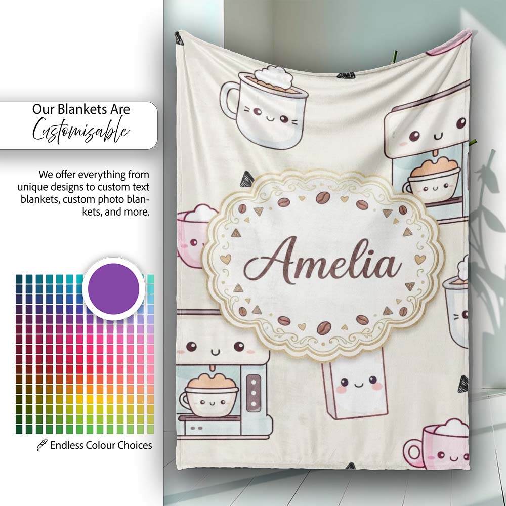 Cute Kawaii Coffee Maker Cups Milk Beige Background Seamless Personalised Custom Name Super Soft Fleece Blanket Bed Sofa Throw