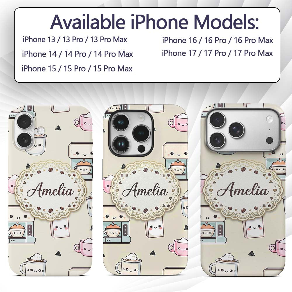 Cute Kawaii Coffee Maker Cups Milk Printed Design Custom Name Protective Phone Case Mobile Cover Durable Everyday Smartphone Shock Resistant