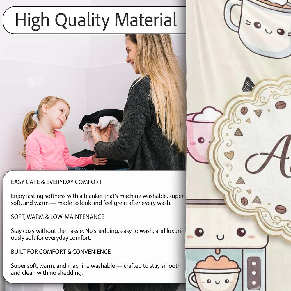 Cute Kawaii Coffee Maker Cups Milk Beige Background Seamless Personalised Custom Name Super Soft Fleece Blanket Bed Sofa Throw