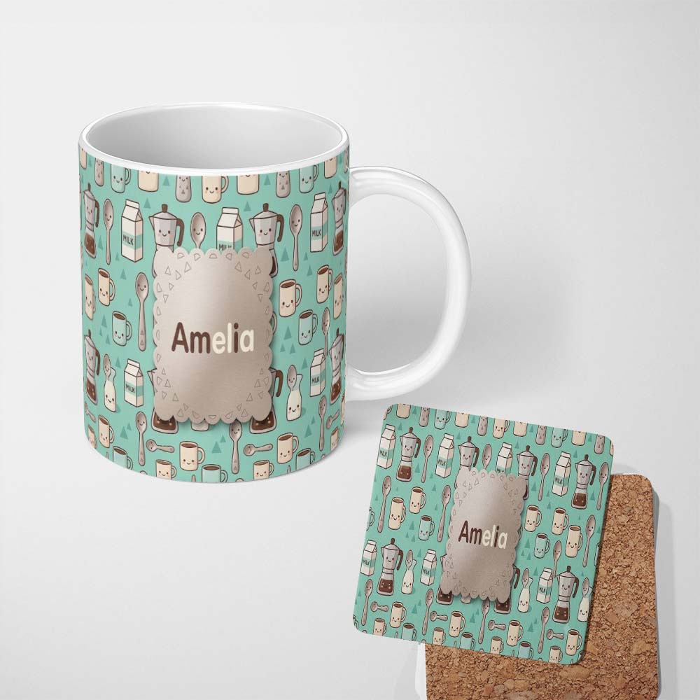 Personalized Custom Name Cute Kawaii Coffee Maker Cups Milk Mint Background Seamless Pattern 11oz Ceramic Coffee Tea Mug White Large Handle
