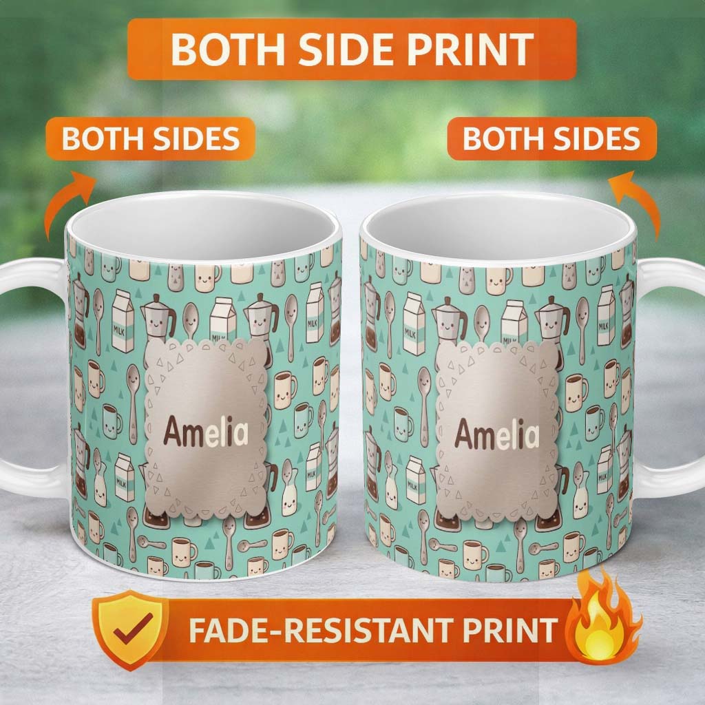 Personalized Custom Name Cute Kawaii Coffee Maker Cups Milk Mint Background Seamless Pattern 11oz Ceramic Coffee Tea Mug White Large Handle