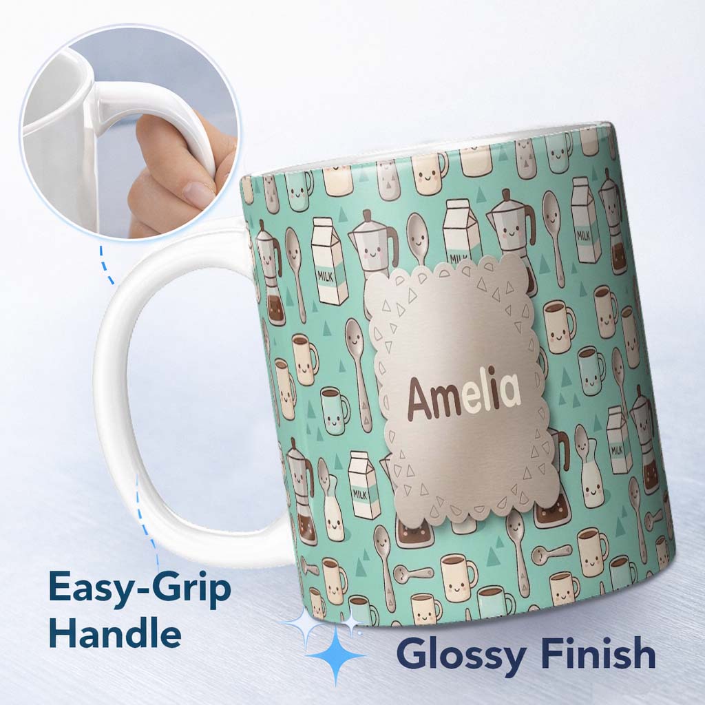 Personalized Custom Name Cute Kawaii Coffee Maker Cups Milk Mint Background Seamless Pattern 11oz Ceramic Coffee Tea Mug White Large Handle