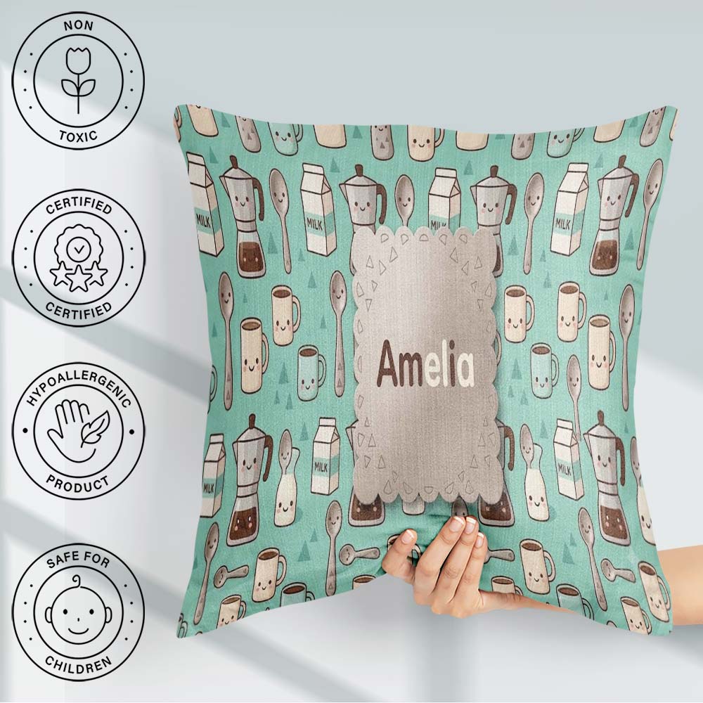 Custom Name Cute Kawaii Maker Cups Milk Mint Background Seamless Square Filled Cushion Throw Pillow Sofa Bed Home Decor Zip Washable UK Made