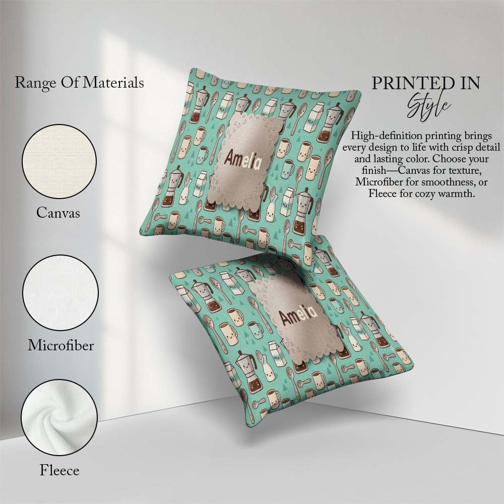 Custom Name Cute Kawaii Maker Cups Milk Mint Background Seamless Square Filled Cushion Throw Pillow Sofa Bed Home Decor Zip Washable UK Made