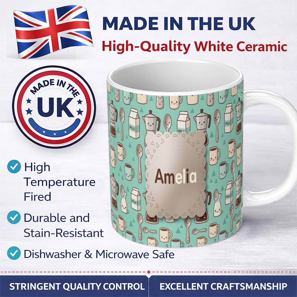 Personalized Custom Name Cute Kawaii Coffee Maker Cups Milk Mint Background Seamless Pattern 11oz Ceramic Coffee Tea Mug White Large Handle