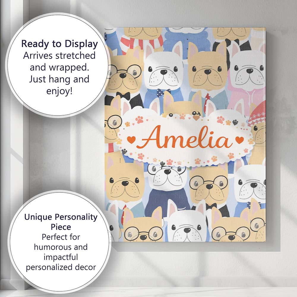 Personalised Name Stylish French Bulldog Dogs Fashion Outfit Seamless Custom Home Unique Canvas Wall Art Print Decor Picture Ready to Hang