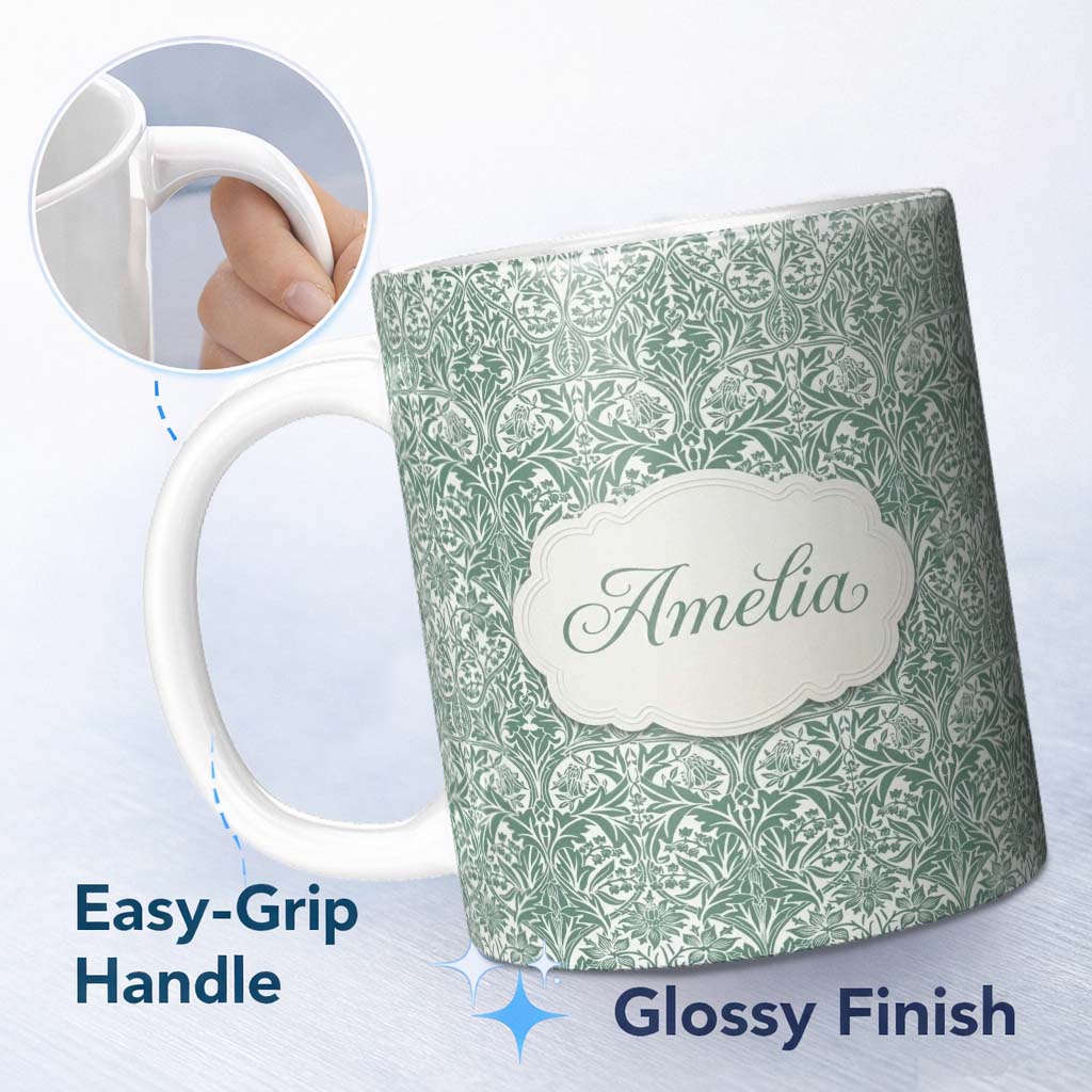 Personalized Custom Name Classic William Morris Style Green Botanical Seamless Pattern Lovely 11oz Ceramic Coffee Tea Mug White Large Handle