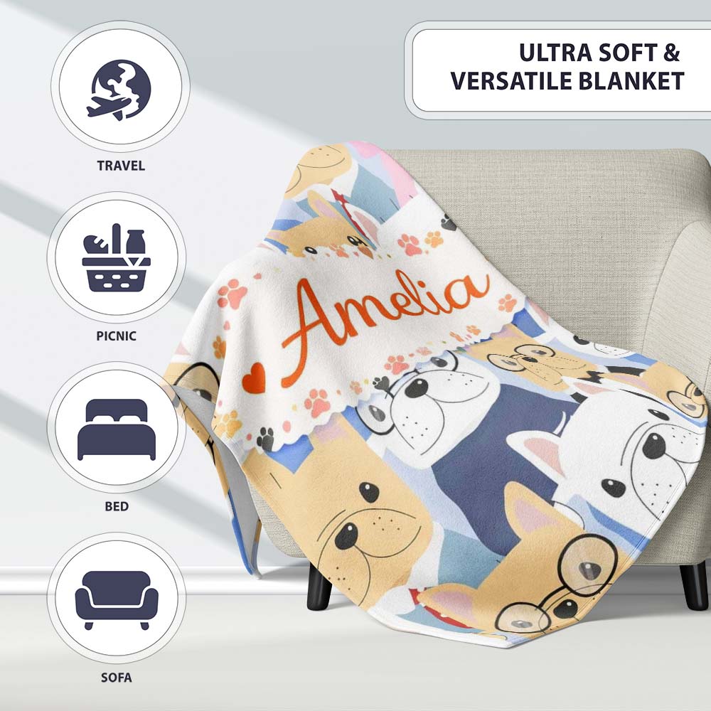 Stylish French Bulldog Dogs Fashion Outfit Seamless Pattern Lovely Personalised Custom Name Super Soft Fleece Blanket Bed Sofa Throw
