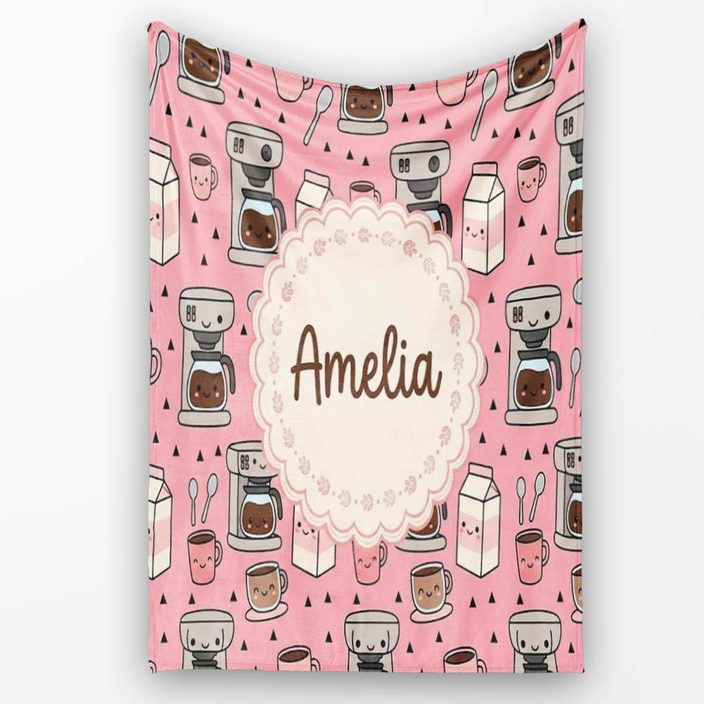 Cute Kawaii Coffee Maker Cups Milk Pink Background Seamless Pattern Personalised Custom Name Super Soft Fleece Blanket Bed Sofa Throw