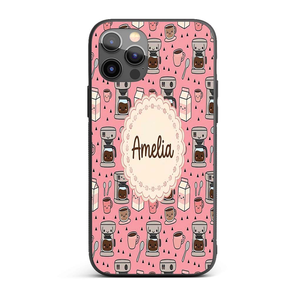 Cute Kawaii Coffee Maker Cups Milk Printed Design Custom Name Protective Phone Case Mobile Cover Durable Everyday Smartphone Shock Resistant