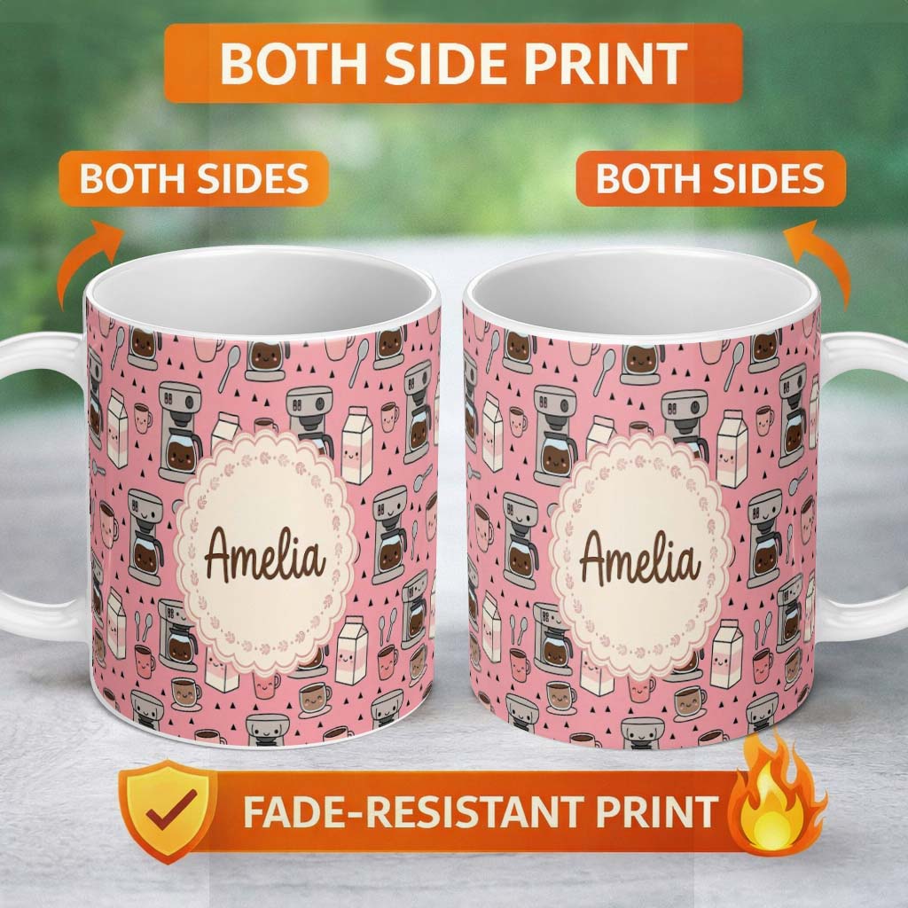 Personalized Custom Name Cute Kawaii Coffee Maker Cups Milk Pink Background Seamless Pattern 11oz Ceramic Coffee Tea Mug White Large Handle
