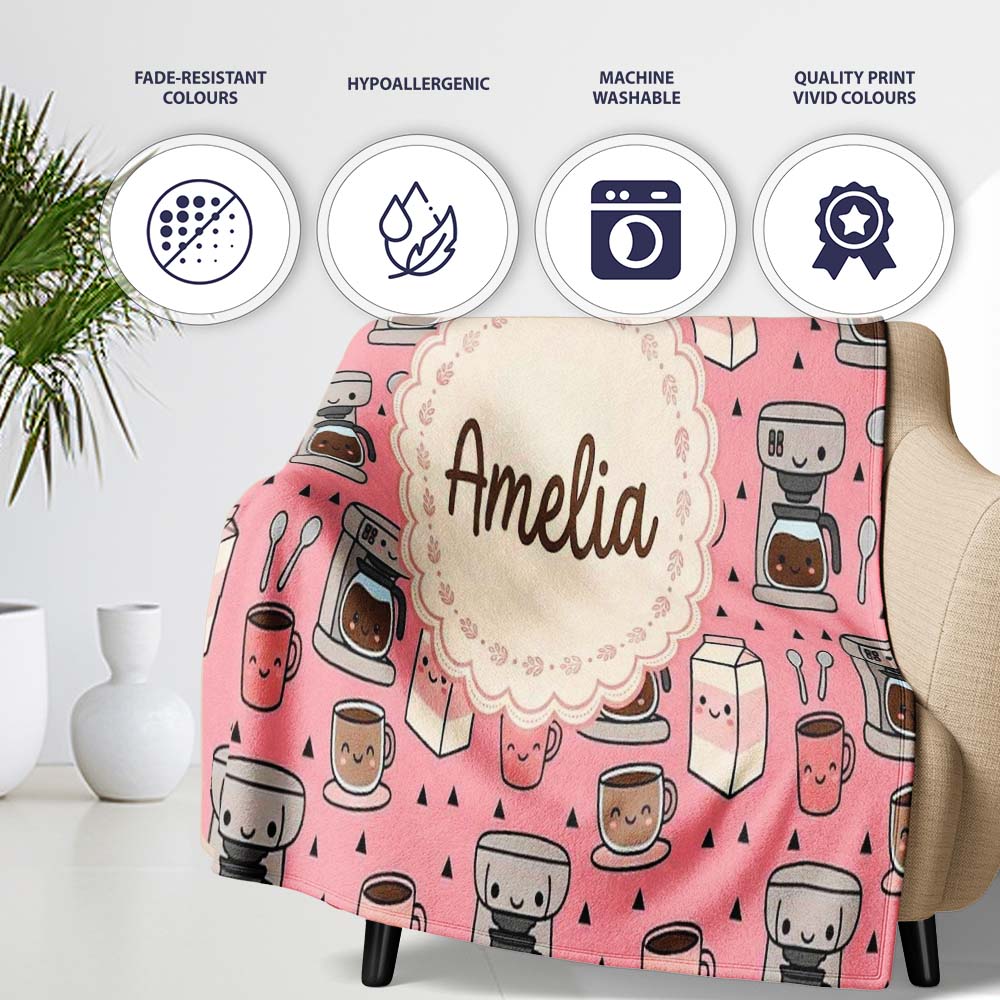 Cute Kawaii Coffee Maker Cups Milk Pink Background Seamless Pattern Personalised Custom Name Super Soft Fleece Blanket Bed Sofa Throw