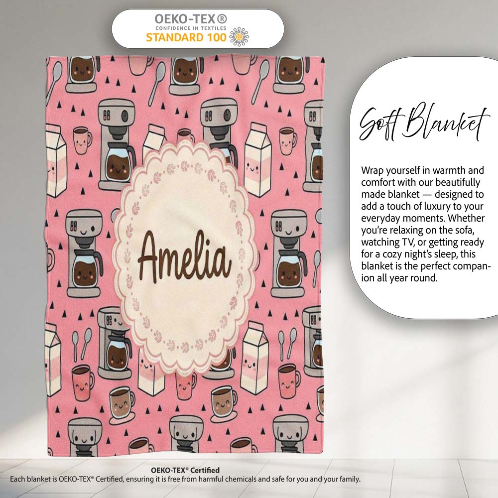 Cute Kawaii Coffee Maker Cups Milk Pink Background Seamless Pattern Personalised Custom Name Super Soft Fleece Blanket Bed Sofa Throw