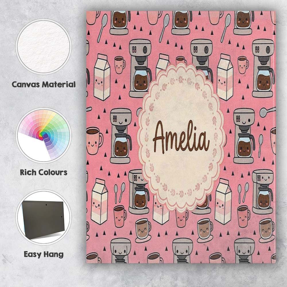 Personalised Name Cute Kawaii Coffee Maker Custom Unique Gift Idea Elegant Feature Canvas Wall Art Print Decor Picture Ready to Hang