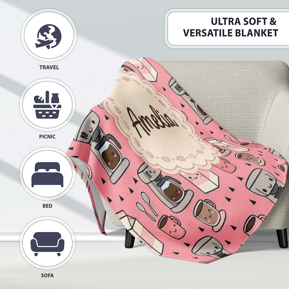 Cute Kawaii Coffee Maker Cups Milk Pink Background Seamless Pattern Personalised Custom Name Super Soft Fleece Blanket Bed Sofa Throw