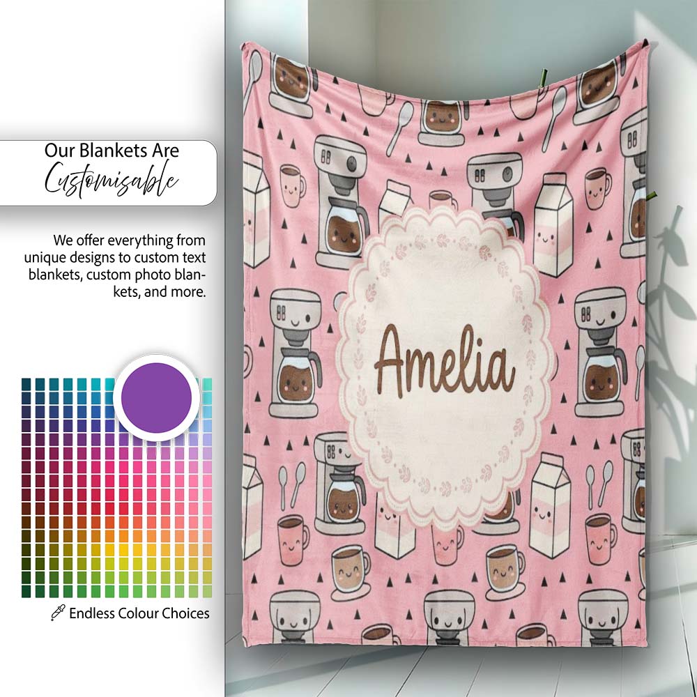 Cute Kawaii Coffee Maker Cups Milk Pink Background Seamless Pattern Personalised Custom Name Super Soft Fleece Blanket Bed Sofa Throw