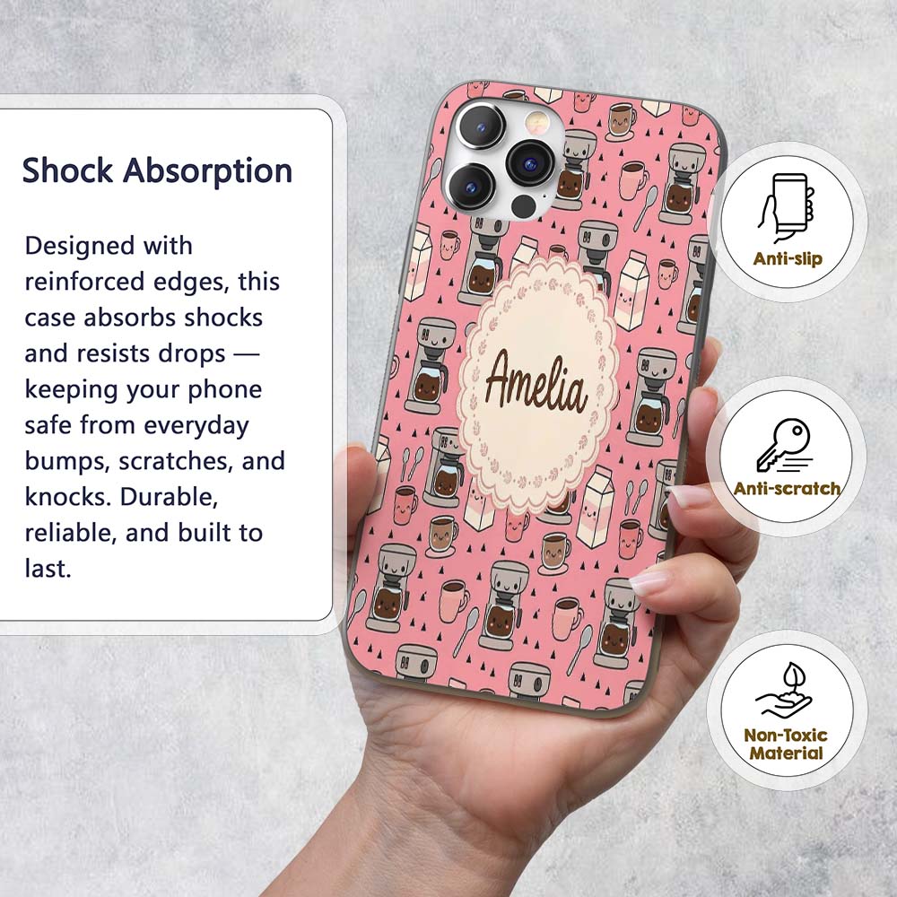 Cute Kawaii Coffee Maker Cups Milk Printed Design Custom Name Protective Phone Case Mobile Cover Durable Everyday Smartphone Shock Resistant