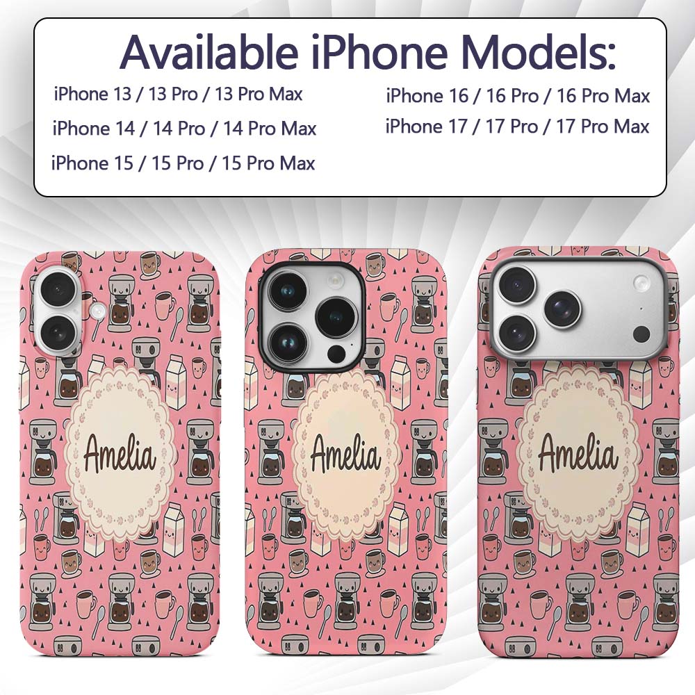 Cute Kawaii Coffee Maker Cups Milk Printed Design Custom Name Protective Phone Case Mobile Cover Durable Everyday Smartphone Shock Resistant