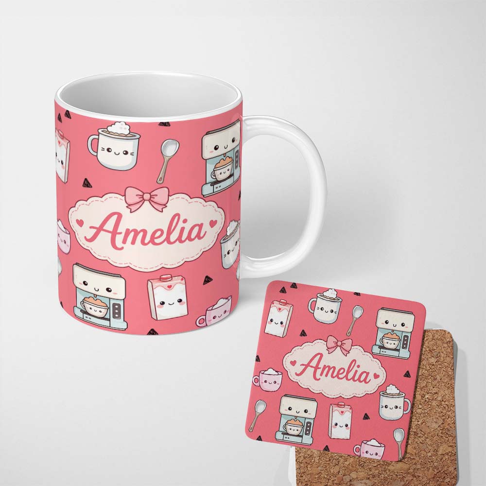 Personalized Custom Name Cute Kawaii Coffee Maker Cups Milk Red Background Seamless Pattern 11oz Ceramic Coffee Tea Mug White Large Handle