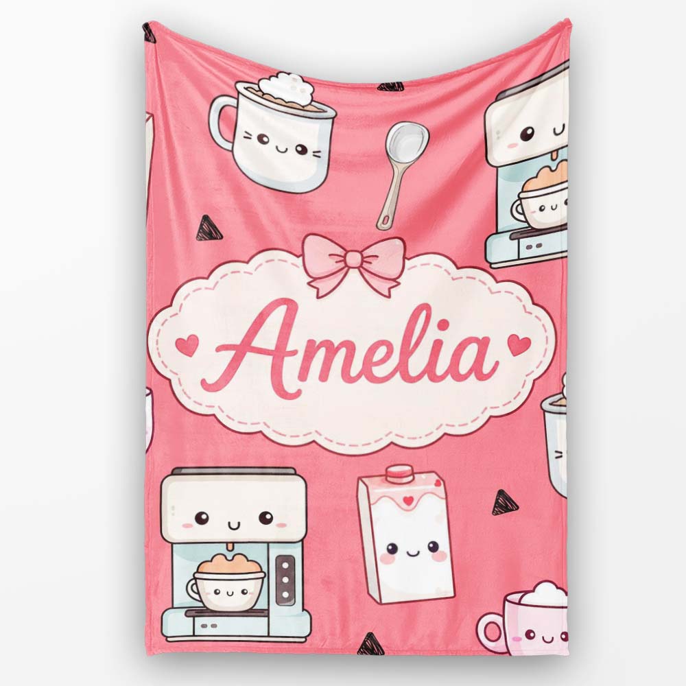 Cute Kawaii Coffee Maker Cups Milk Red Background Seamless Pattern Personalised Custom Name Super Soft Fleece Blanket Bed Sofa Throw
