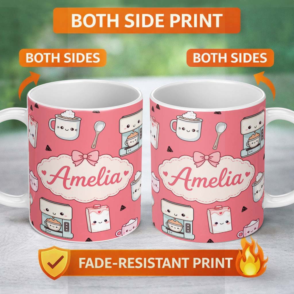 Personalized Custom Name Cute Kawaii Coffee Maker Cups Milk Red Background Seamless Pattern 11oz Ceramic Coffee Tea Mug White Large Handle