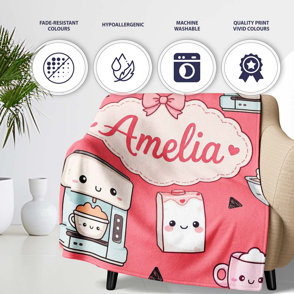 Cute Kawaii Coffee Maker Cups Milk Red Background Seamless Pattern Personalised Custom Name Super Soft Fleece Blanket Bed Sofa Throw
