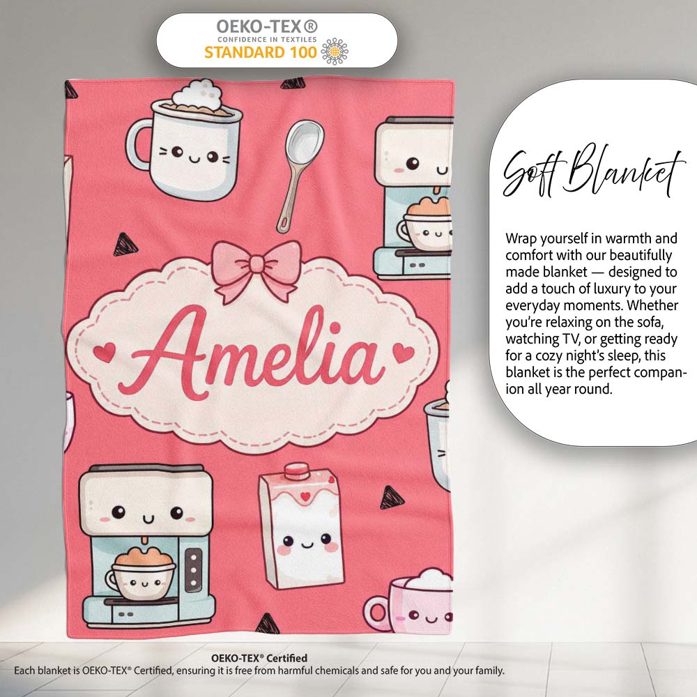 Cute Kawaii Coffee Maker Cups Milk Red Background Seamless Pattern Personalised Custom Name Super Soft Fleece Blanket Bed Sofa Throw