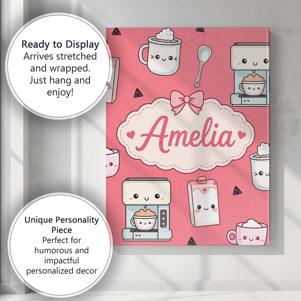 Personalised Name Cute Kawaii Coffee Maker Custom Unique Gift Idea Elegant Feature Canvas Wall Art Print Decor Picture Ready to Hang