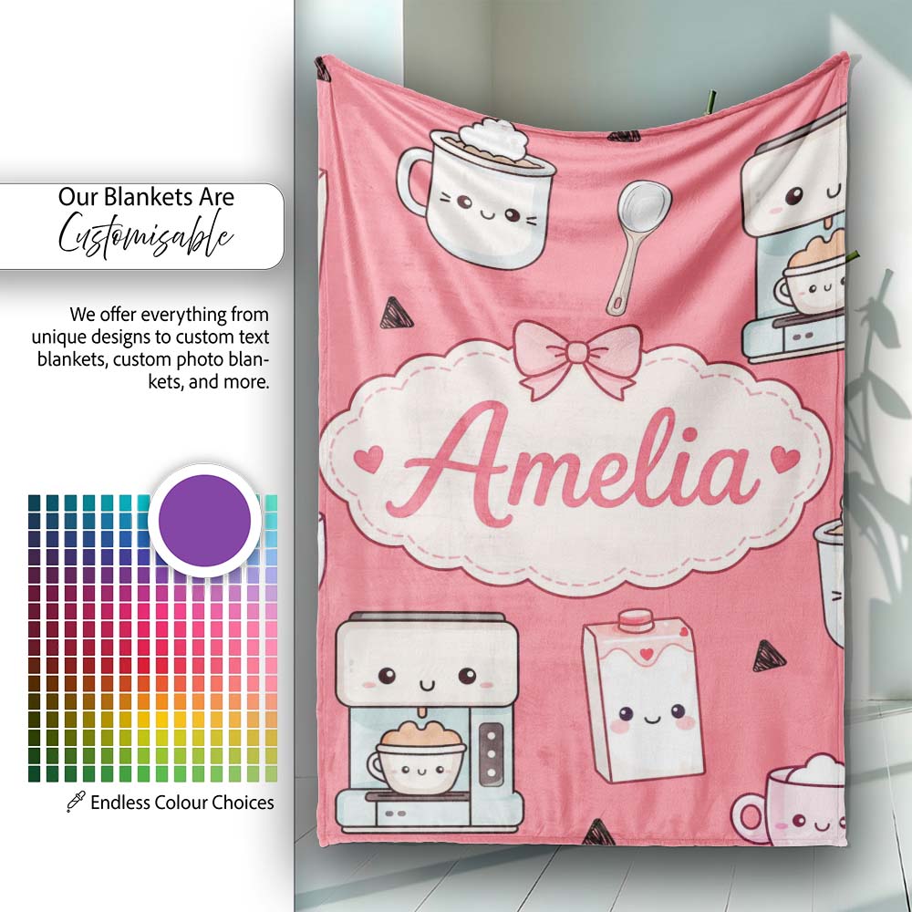 Cute Kawaii Coffee Maker Cups Milk Red Background Seamless Pattern Personalised Custom Name Super Soft Fleece Blanket Bed Sofa Throw