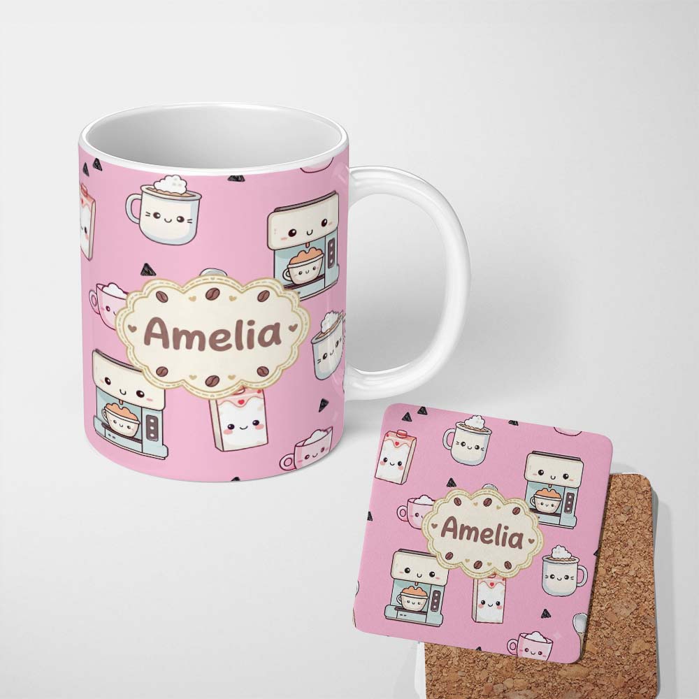 Personalized Custom Name Cute Kawaii Coffee Maker Cups Milk Pink Background Seamless Pattern 11oz Ceramic Coffee Tea Mug White Large Handle