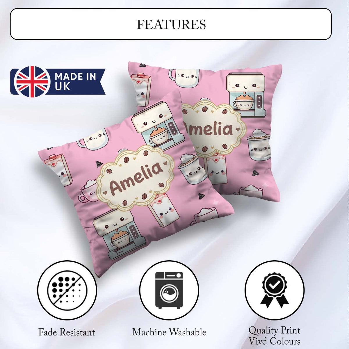 Custom Name Cute Kawaii Maker Cups Milk Pink Background Seamless Square Filled Cushion Throw Pillow Sofa Bed Home Decor Zip Washable UK Made