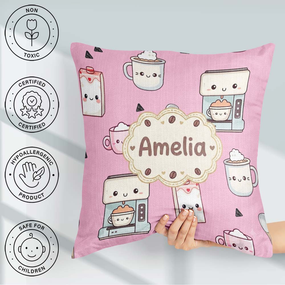 Custom Name Cute Kawaii Maker Cups Milk Pink Background Seamless Square Filled Cushion Throw Pillow Sofa Bed Home Decor Zip Washable UK Made