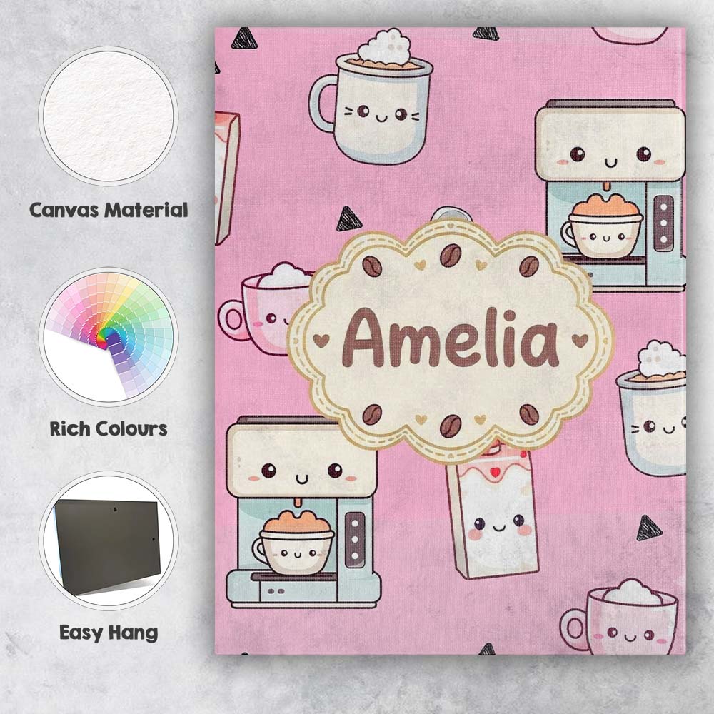 Personalised Name Cute Kawaii Coffee Maker Custom Unique Gift Idea Elegant Feature Canvas Wall Art Print Decor Picture Ready to Hang